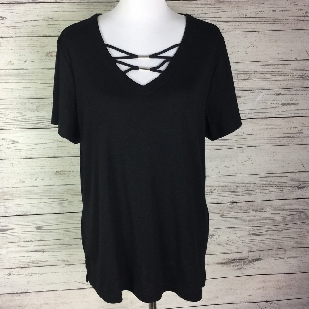 Karen Scott Black Criss Cross Short Sleeve Stretch Knit Top
